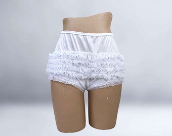 VINTAGE 80s 90s White Nylon and Lace Rhumba Ruffle Full Cut Panties XL | 1980s 1990s Double Nylon Gusset Swing Pin-Up Panty | VFG