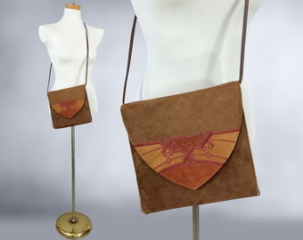 VINTAGE 80s Embroidered Suede Shoulder Bag Cross Purse By Towanny | 1980s Brown and Orange Leather Southwestern Style Handbag | VFG