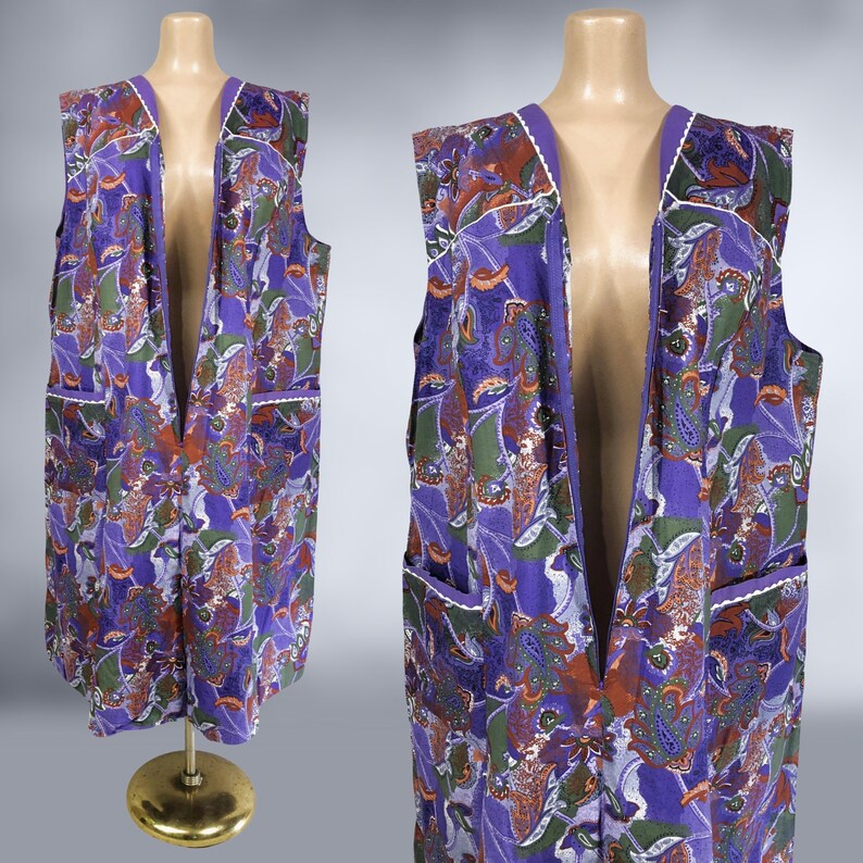 VINTAGE 70s Purple Floral Op-Art Zip Front House Dress with Hip Pockets Plus Size Volup 1970s Smock Kaftan Dress VFG image 8