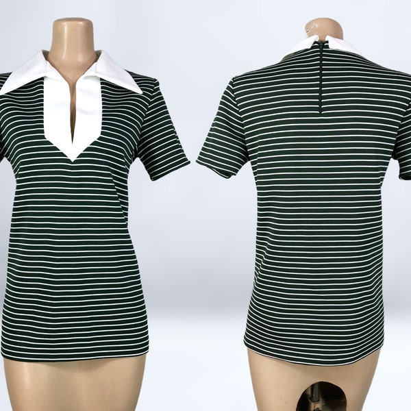 VINTAGE jaren '70 Groovy groen en wit gestreept overhemd met vlinderkraag | Discoblouse uit de jaren 70 | Polyester tuniektop | VFG
