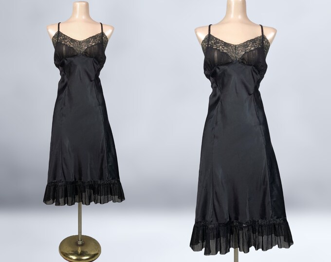 VINTAGE 50s Black Satin Full Slip by Encore Sz 16 Plus Size