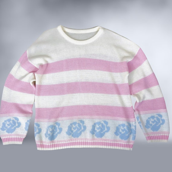 VINTAGE 80s Pastel Pink & White Striped Sweater w… - image 3