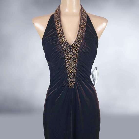VINTAGE 90s Y2K Brown Velvet Formal Dress with Be… - image 3