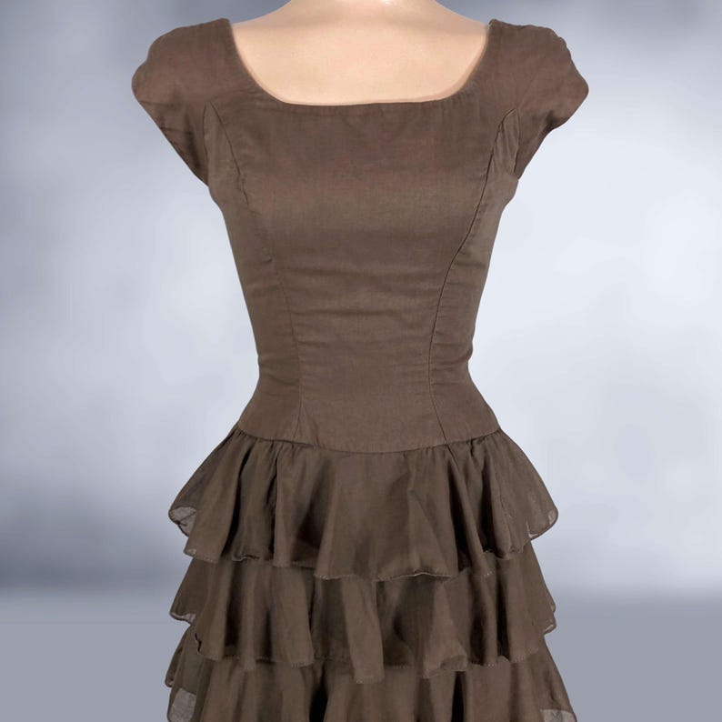 Vintage 50s Brown Ruffled Wiggle Dress Mardi-gras Cotton Voile Tiered ...