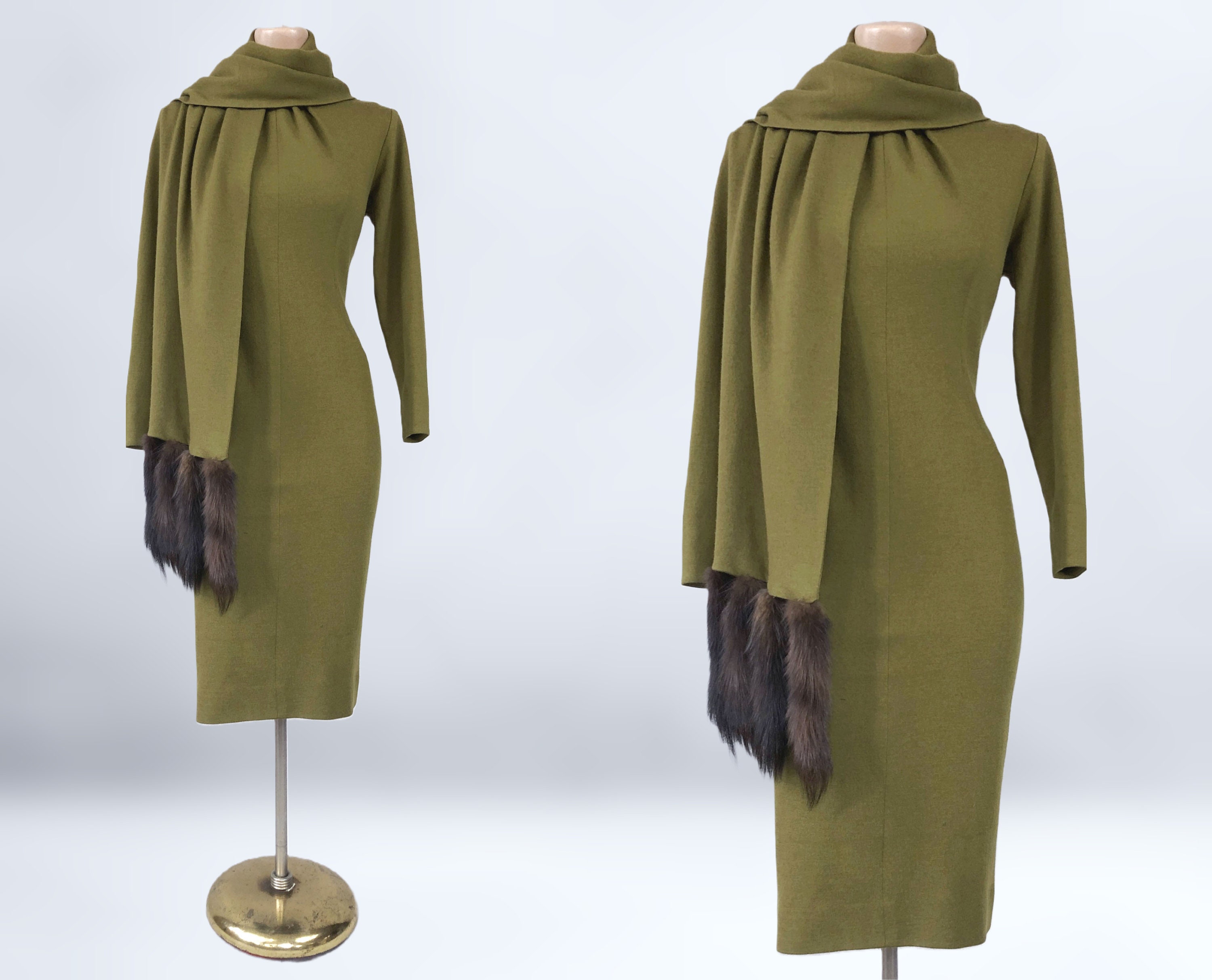 Reserved for Nicolette- payment 2 of 3- VINTAGE 1960s Lilli Diamond Olive Green Wool Wiggle Dress With Fur Tail Wrap 