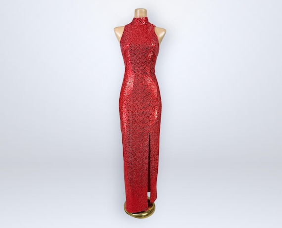 Vintage 80s Metallic Ruby Red Sequin Lurex Cage Back Formal Evening Dress Flirtations VFG