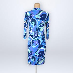 Vintage 60s Psychedelic Op-Art Blue & Purple Swirl Mod Shift Dress Helanca Nylon XL VFG