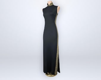 Vintage 70s Alfred Shaheen Black Gold Greek Key Cheongsam Maxi Dress Mandarin Gown VFG