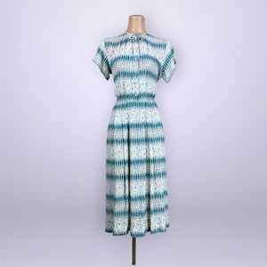 VINTAGE 40s Turquoise Atomic Print Rayon Dress 39 x 28 | 1940s Novelty Print Day Dress | Pin-Up Rockabilly | VFG