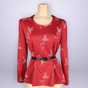Blusa de punto roja con colibrí plateado metalizado vintage de los años 70 de Jack Winter (talla M) / Blusa de manga larga de los años 70 / Muy buena relación calidad-precio