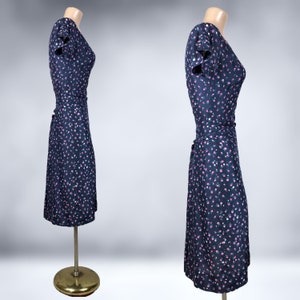 VINTAGE 40s Navy Blue Silk Novelty Print Dress with Pockets Radish Fruit 1940s Art Deco Vegetable Print Bombshell Dress VFG image 6