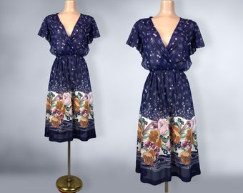VINTAGE 70s Border Print Sheer Floral Dress with Flutter Sleeves | 1970s Navy Blue BOHO Disco Dress | VFG