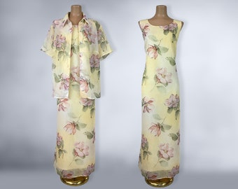 VINTAGE jaren '90 Pure Magnolia Print Maxi Jurk en Blouse Set door Helene Blake Sz 14 | Jaren '90 Gele Bloemen 2 Pc Jurk Set Plus Size Volup | VFG