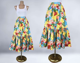 VINTAGE 60s Novelty Fruit Print Skirt 27" Waist With Pockets- Cherries, Grapes, Apples | 1960s Bright Handmade Ruffle Hem Skirt | VFG