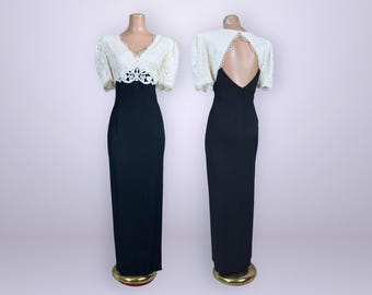 Vestido formal vintage de los años 80 con espalda abierta y encaje blanco invernal, Scott McClintock 16 / VFG