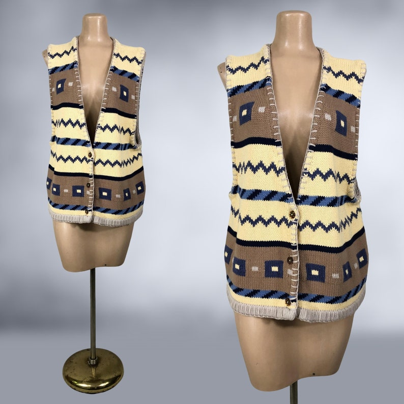 VINTAGE 90s Southwestern Style Knit Sweater Vest by Hunt Club Size XL Tall 1990s 100% Cotton Preppy Grunge Sweater VFG image 3