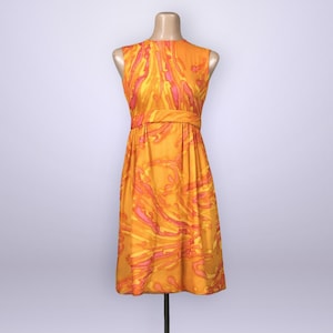 VINTAGE 60s Orange & Pink Chiffon Psychedelic Swirl Mini Dress | 1960s Empire Waist Short Watercolor Dress | VFG