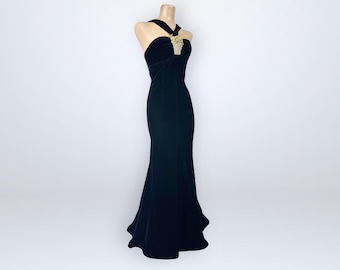 Vintage 80s Eugene Alexander Velvet Evening Dress Metal Art Flower Basket Hollywood Gown VFG