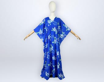 Vintage 70s Angel-Wing Sleeve Hawaiian Hostess Kaftan Muumuu Blue Hibiscus Floral Resort Dress VFG