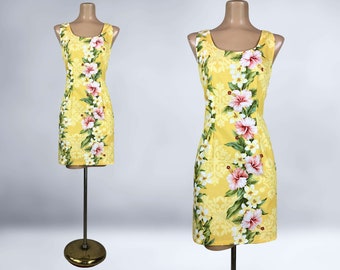 VINTAGE 80s 90s Yellow Floral Hawaiian Mini Sheath Dress Sz Large By TY | 1980s 1990s Tropical Hibiscus Tiki Dress | VFG