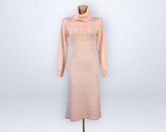 Vestido de punto color melocotón estilo vintage de los años 70 – Joni Blair Talla S / Cuello alto estilo años 70 / Muy buen estado