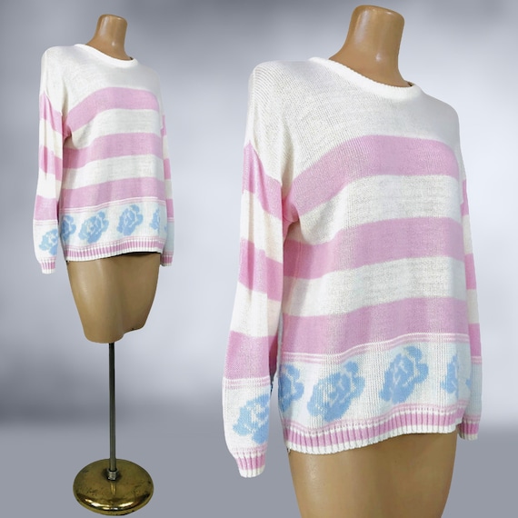 VINTAGE 80s Pastel Pink & White Striped Sweater w… - image 4