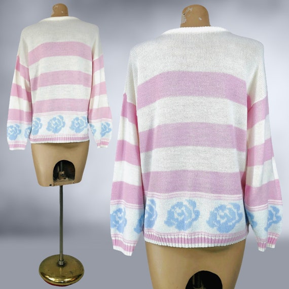 VINTAGE 80s Pastel Pink & White Striped Sweater w… - image 7