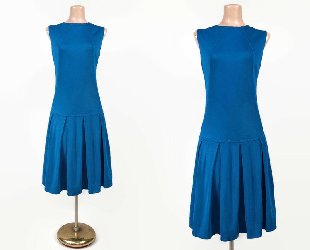 VINTAGE 60s MOD Peacock Blue Drop Waist Dress With Pleated - Etsy