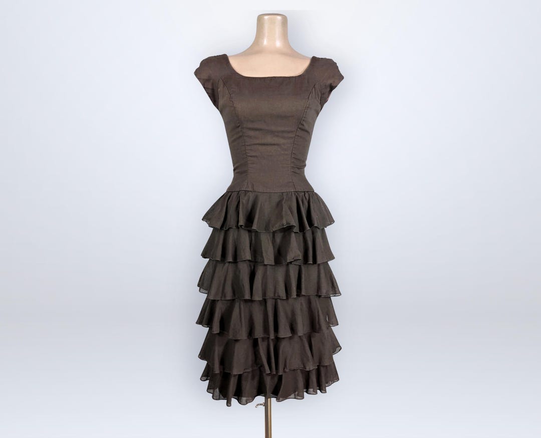 Vintage 50s Brown Ruffled Wiggle Dress Mardi-gras Cotton Voile Tiered ...
