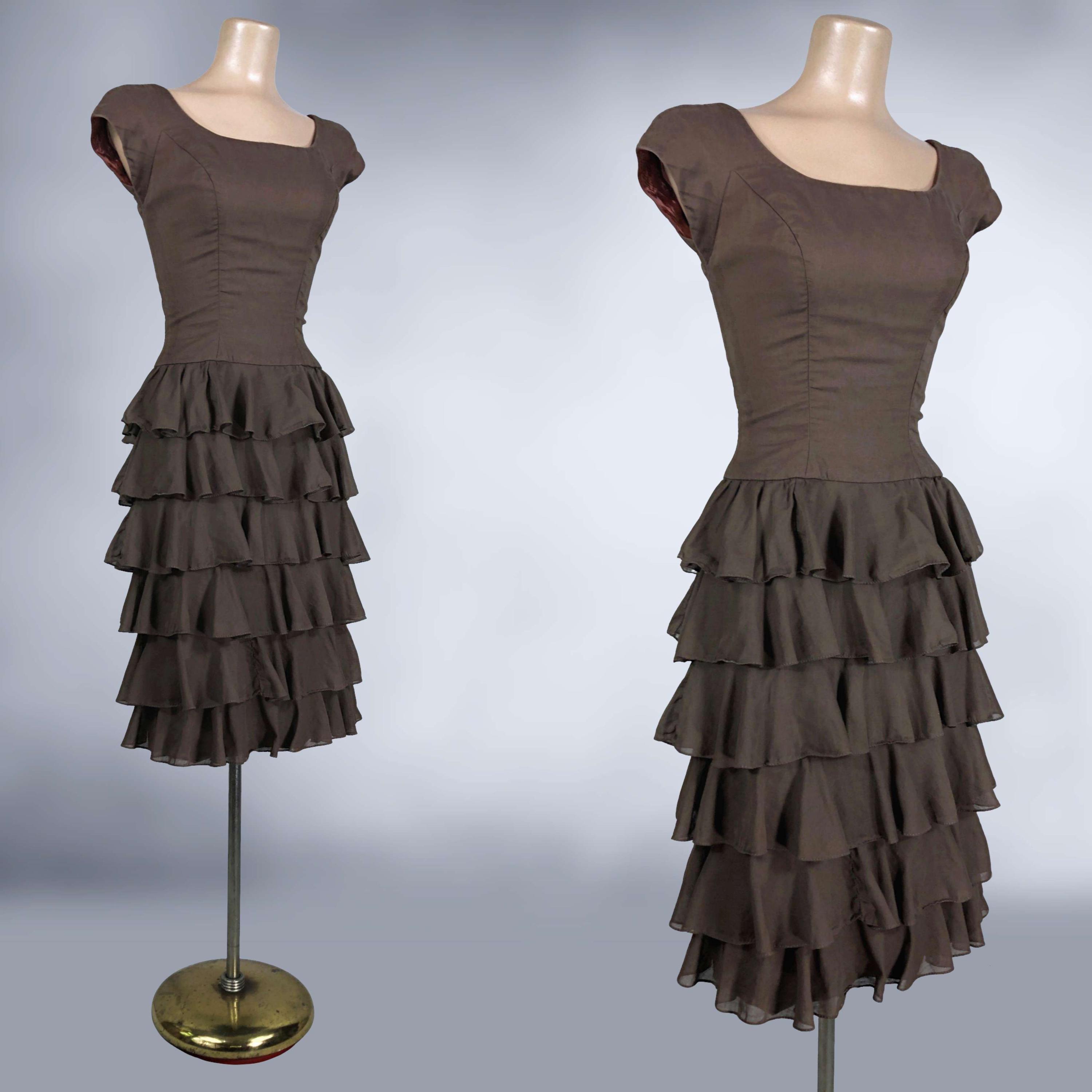 Vintage 50s Brown Ruffled Wiggle Dress Mardi-gras Cotton Voile Tiered ...