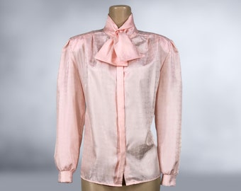 VINTAGE 80s Pink Jacquard Satin Lavaliere Big Bow Blouse by Orare Size 12 | 1980s Tie Neck Cravat Ascot Blouse | VFG