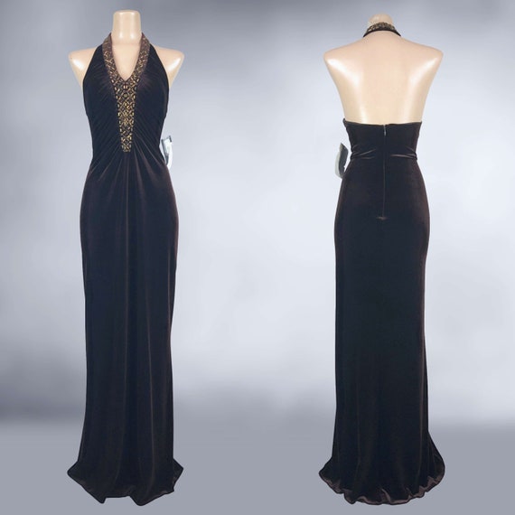 VINTAGE 90s Y2K Brown Velvet Formal Dress with Be… - image 2