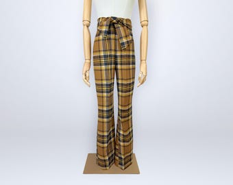 Vintage 70s Plaid High Waist Flare Pants Wide Sash Belt Trousers Mod Retro VFG