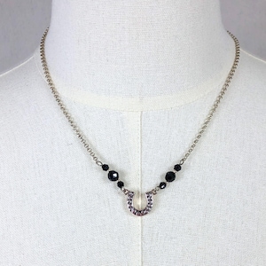 Vintage 80s Pewter Horseshoe Necklace CCI Comstock Creations Black Bead Lucky Clover VFG