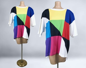 VINTAGE 80er 90er Jahre Oversized Color Block T-Shirt von Extra Touch OSFM | Geometrische Tunika | 1980er 1990er Jahre Ästhetik Boxy Shirt Kleid | vfg