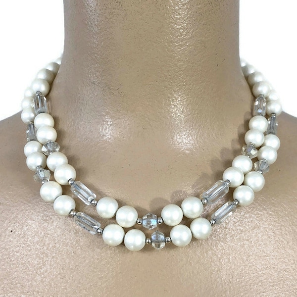 VINTAGE 50s White Pearlescent and Clear 2 Strand Beaded Necklace Choker JAPAN | 1950s Mid Century Bib Necklace | Vfg