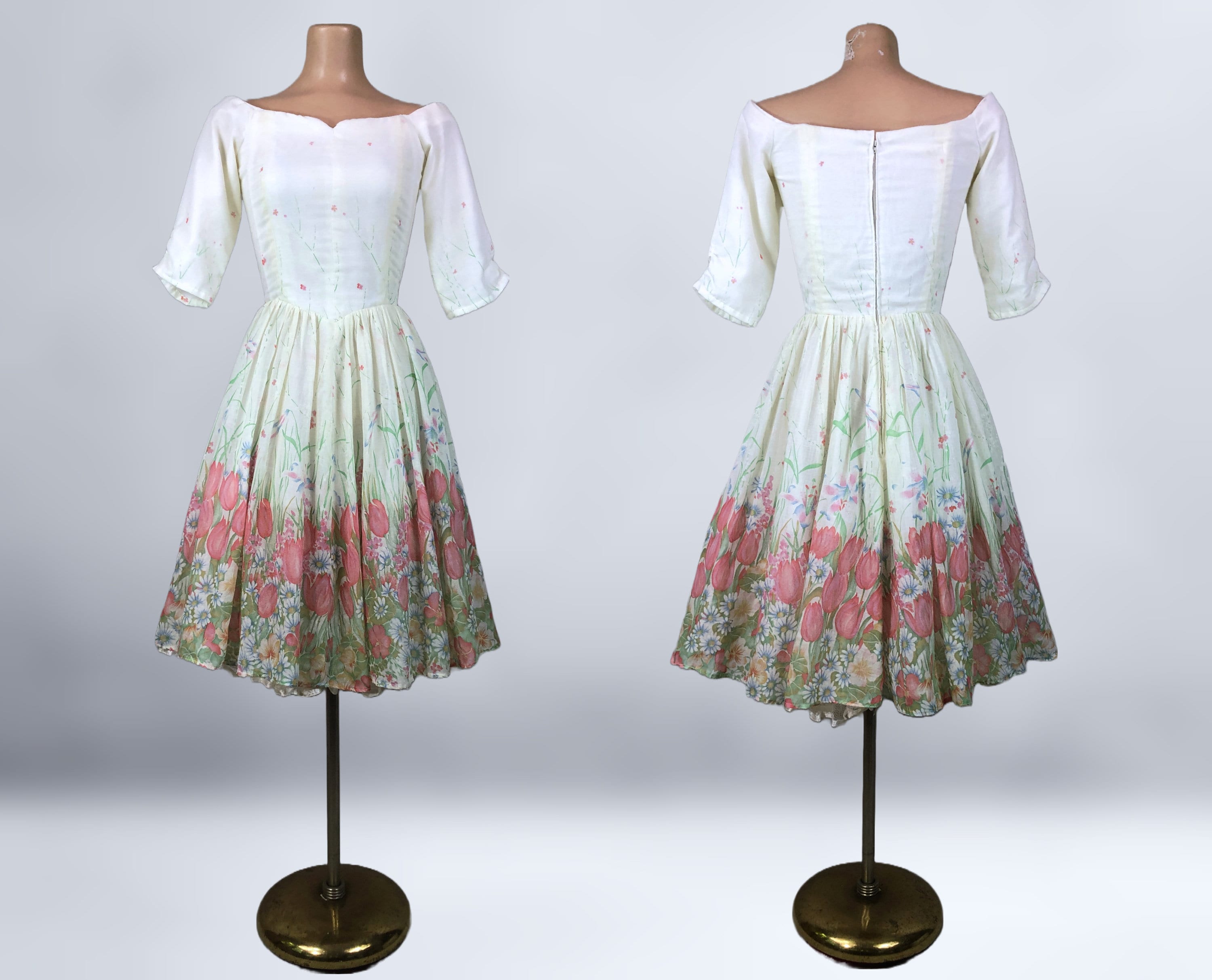 VINTAGE 50s 60s Cotton Voile Tulip Border Print Crinoline