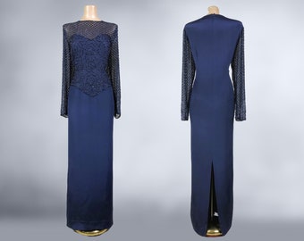 VINTAGE 90s Navy Blue Silk Beaded Evening Dress by Alyce Designs Sz 18 | 1990s Sheer Sleeve Mother of Bride Gown Plus Size Volup | vfg