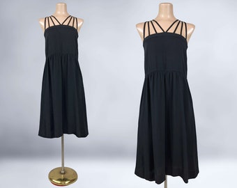VINTAGE 80s Black Cage Neckline Sun Dress by Christine Von Lumbe Sz 4 with Pockets | 1980s Loose Fit Summer Gothic Dress |