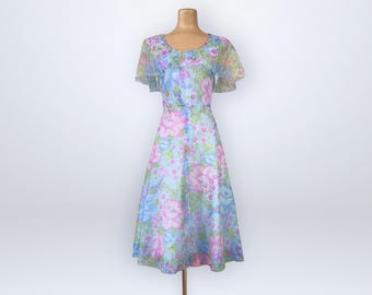 Vestido vintage de gasa floral de los años 60 con mangas acampanadas - Tal cual. Prenda para proyecto romántico / Muy buen estado.
