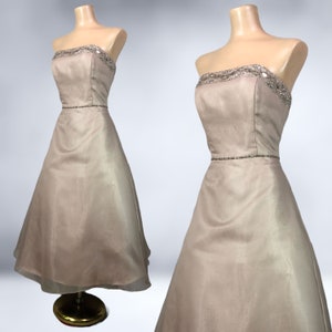 VINTAGE 90s Strapless Taupe Fit N Flare Crinoline Dress by Pinky and Me Sz 10 1990s Retro 50s Beaded Bustier Party Prom Dress VFG image 3