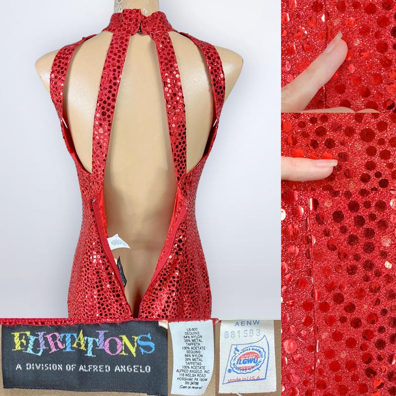 May include: A red sequined dress featuring a high neckline and a cutout back design. The garment includes a zipper closure and interior labels with the text Flirtations, A Division of Alfred Angelo, and ILGWU union information printed on them.