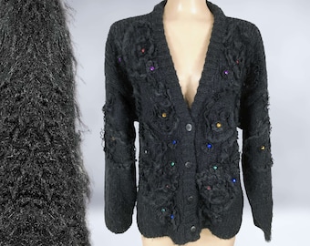 VINTAGE 80s Wild Embellished Faux Mohair Cardigan Sweater by Kitty Hawk Sz Large | 1980s Eclectic Punk Fuzzy Sweater | VFG