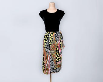 Vintage 80s Does 50s Tribal Print Rayon Sarong Dress Tiki Wiggle Pin‑Up Style VFG