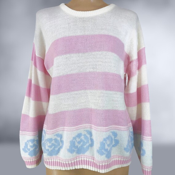VINTAGE 80s Pastel Pink & White Striped Sweater w… - image 8