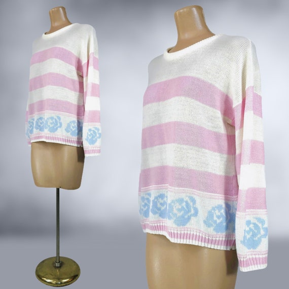 VINTAGE 80s Pastel Pink & White Striped Sweater w… - image 5