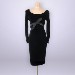 VINTAGE 50s Rayon Velvet Cocktail Dress 36B/27W | 1950s Bow Detail Bombshell Pin-up Party Dress | Long Sleeve Pencil Dress | VFG