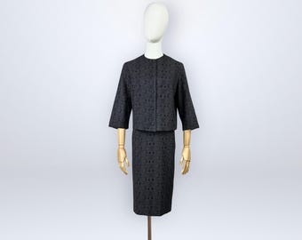 VINTAGE 60s Black Eyelet Lace Skirt & Blouse Set by Gloria Swanson | Two-Piece Set | VFG