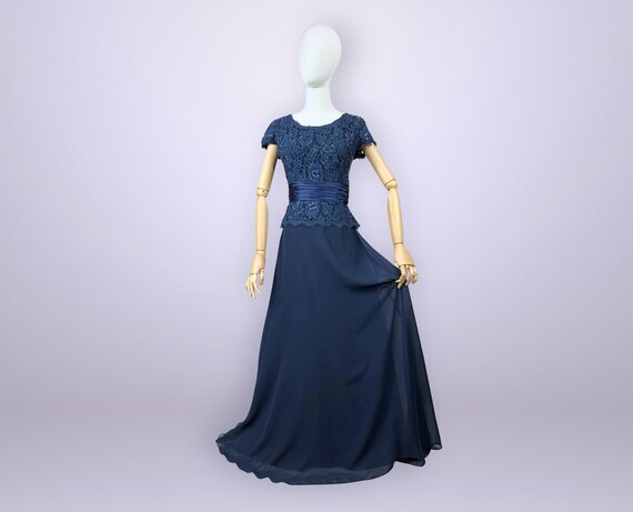Vintage 90s Hand Beaded Navy Formal Evening Gown | Mother of Bride Dress | Medium | VFG