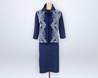 Vintage 60s Navy Blue Three‑Piece Suit with Shell and Snowflake Jacket Size 16 VFG